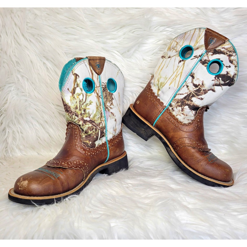 Ariat Women's Western Boots US 7B Brown Leather Camo Turquoise - Read
